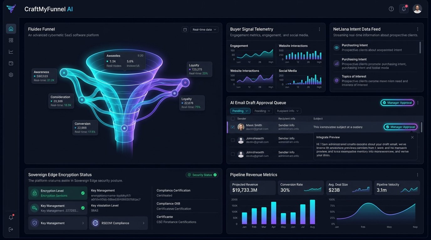 CraftMyFunnel AI Cybernetic SaaS Software Platform Interface with 3D Fluid Funnel