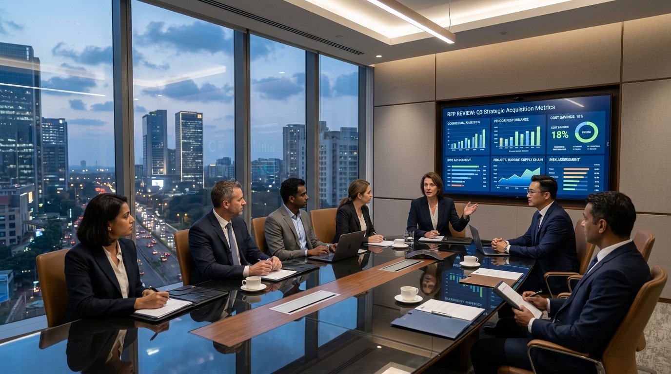Enterprise C-Level Procurement Committee in High-Rise Boardroom Reviewing Strategic Acquisition Metrics